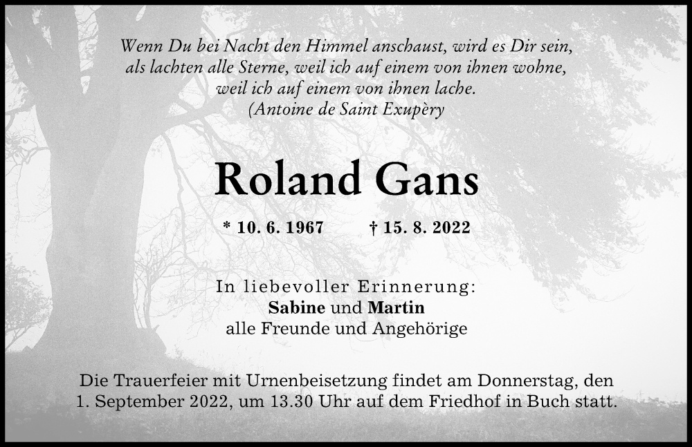  Traueranzeige für Roland Gans vom 27.08.2022 aus Illertisser Zeitung