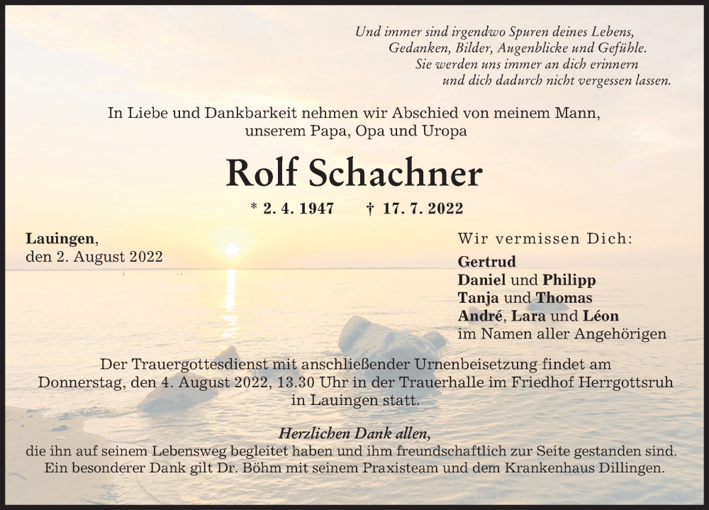  Traueranzeige für Rolf Schachner vom 02.08.2022 aus Donau Zeitung