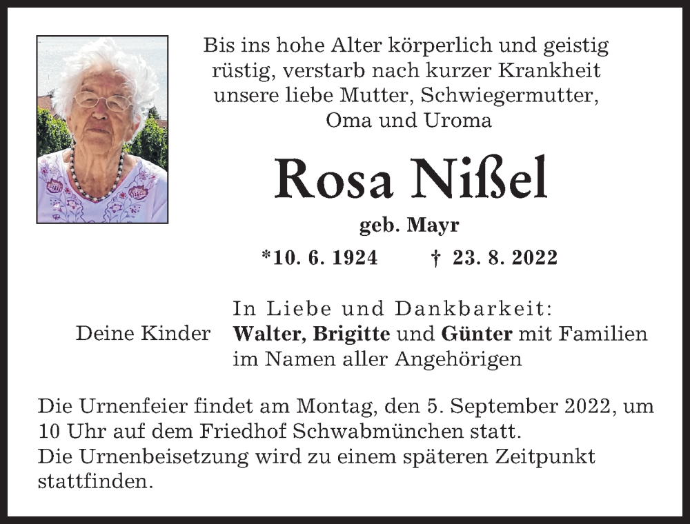 Traueranzeige von Rosa Nißel von Schwabmünchner Allgemeine