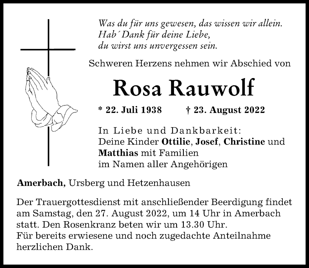 Traueranzeige von Rosa Rauwolf von Donauwörther Zeitung