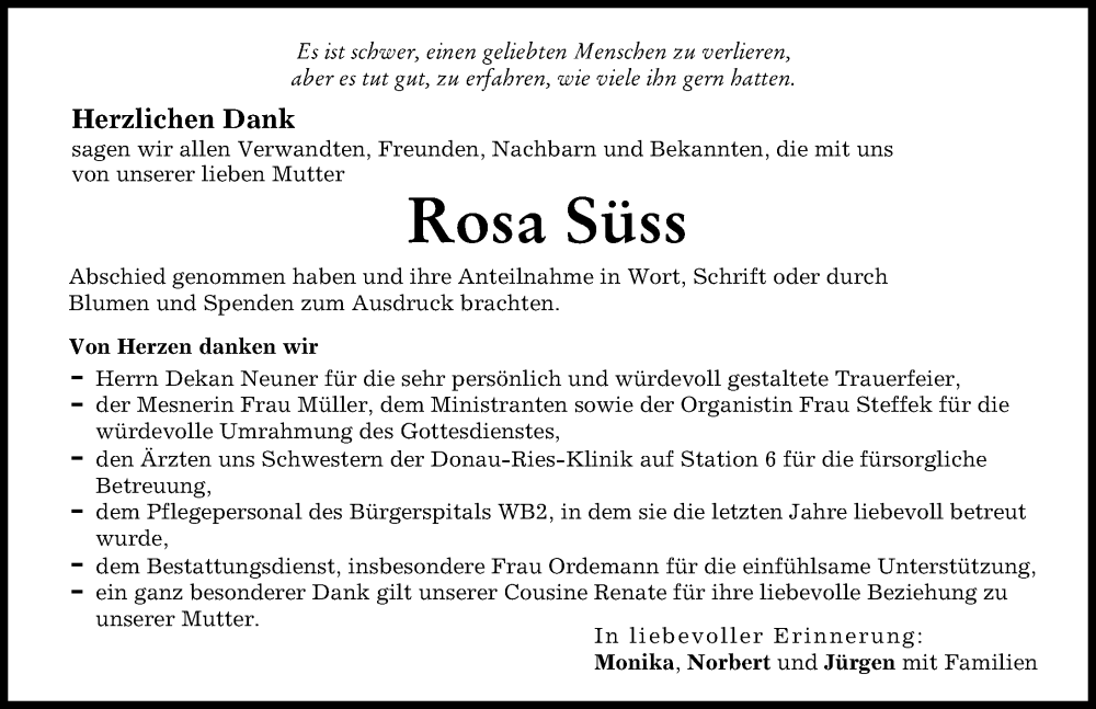  Traueranzeige für Rosa Süss vom 09.08.2022 aus Donauwörther Zeitung