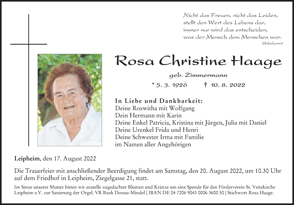  Traueranzeige für Rosa Christine Haage vom 17.08.2022 aus Günzburger Zeitung