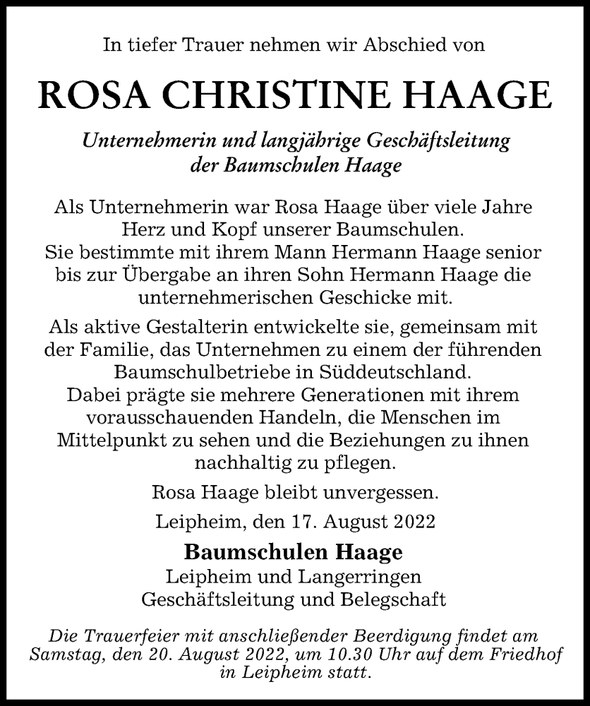  Traueranzeige für Rosa Christine Haage vom 17.08.2022 aus Augsburger Allgemeine