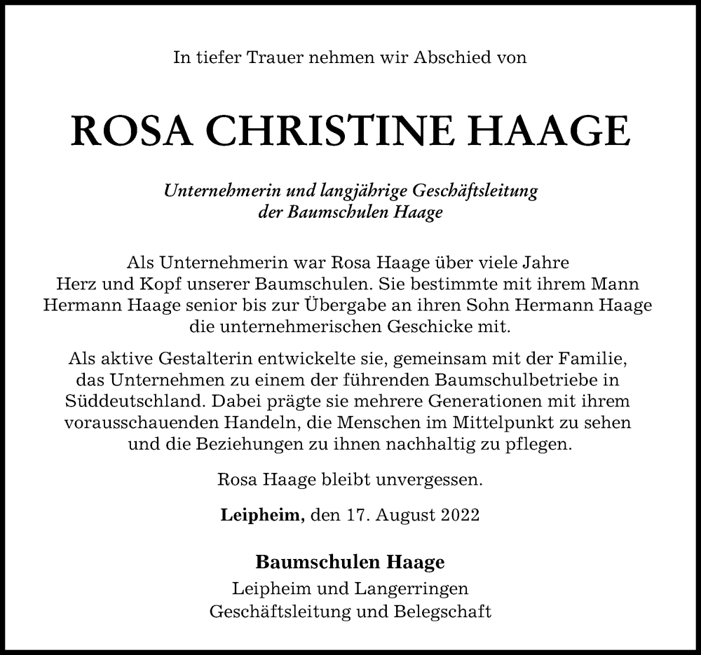  Traueranzeige für Rosa Christine Haage vom 17.08.2022 aus Günzburger Zeitung