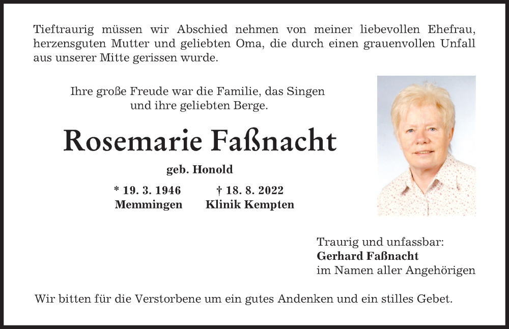 Traueranzeige von Rosemarie Faßnacht von Mindelheimer Zeitung