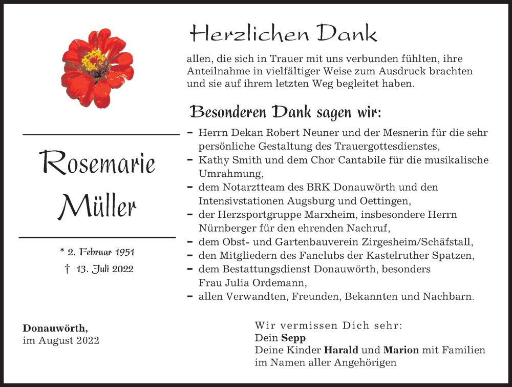 Traueranzeige von Rosemarie Müller von Donauwörther Zeitung