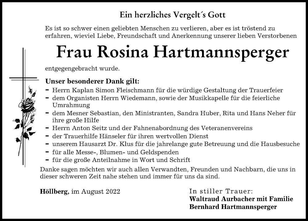  Traueranzeige für Rosina Hartmannsperger vom 25.08.2022 aus Mindelheimer Zeitung