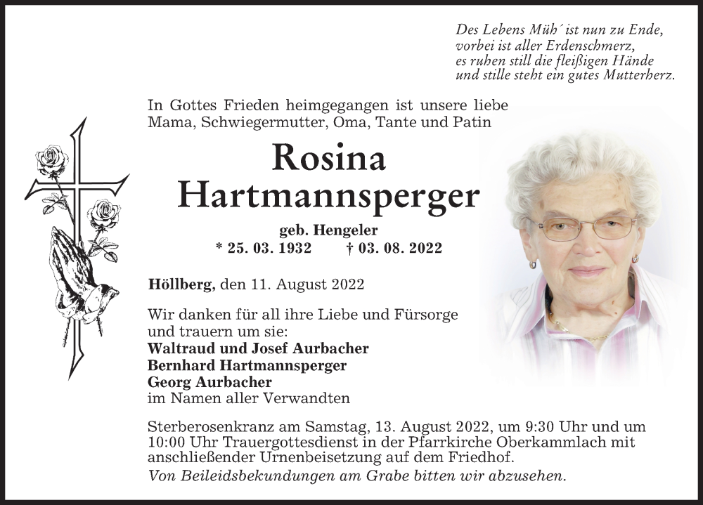  Traueranzeige für Rosina Hartmannsperger vom 11.08.2022 aus Mindelheimer Zeitung