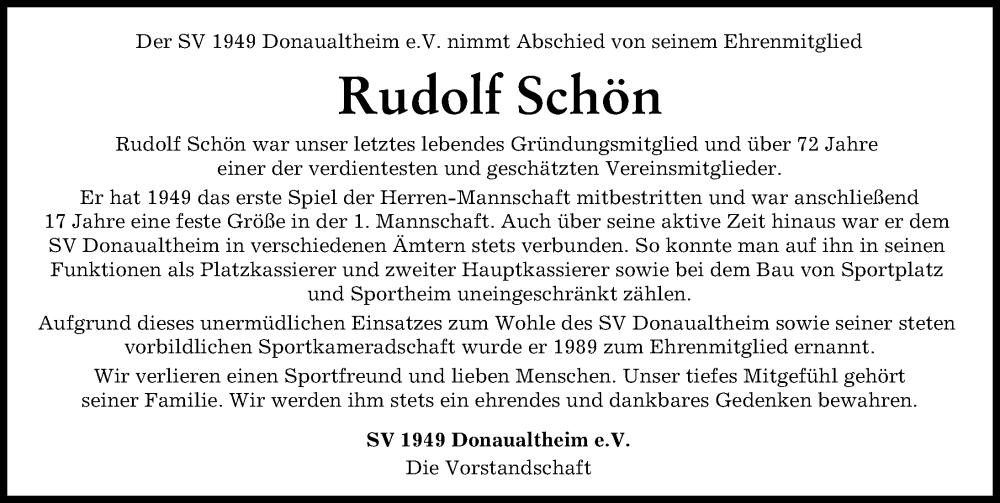  Traueranzeige für Rudolf Schön vom 03.08.2022 aus Donau Zeitung