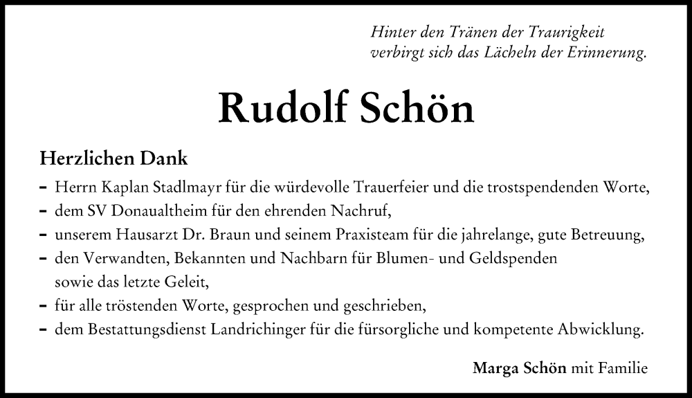  Traueranzeige für Rudolf Schön vom 27.08.2022 aus Donau Zeitung