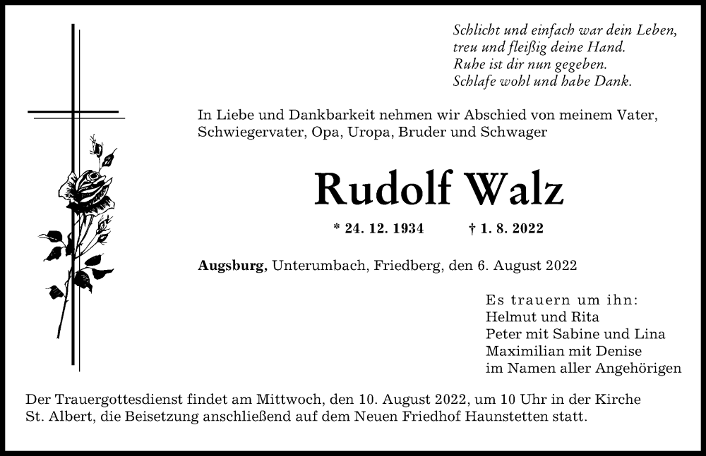 Traueranzeige von Rudolf Walz von Augsburger Allgemeine