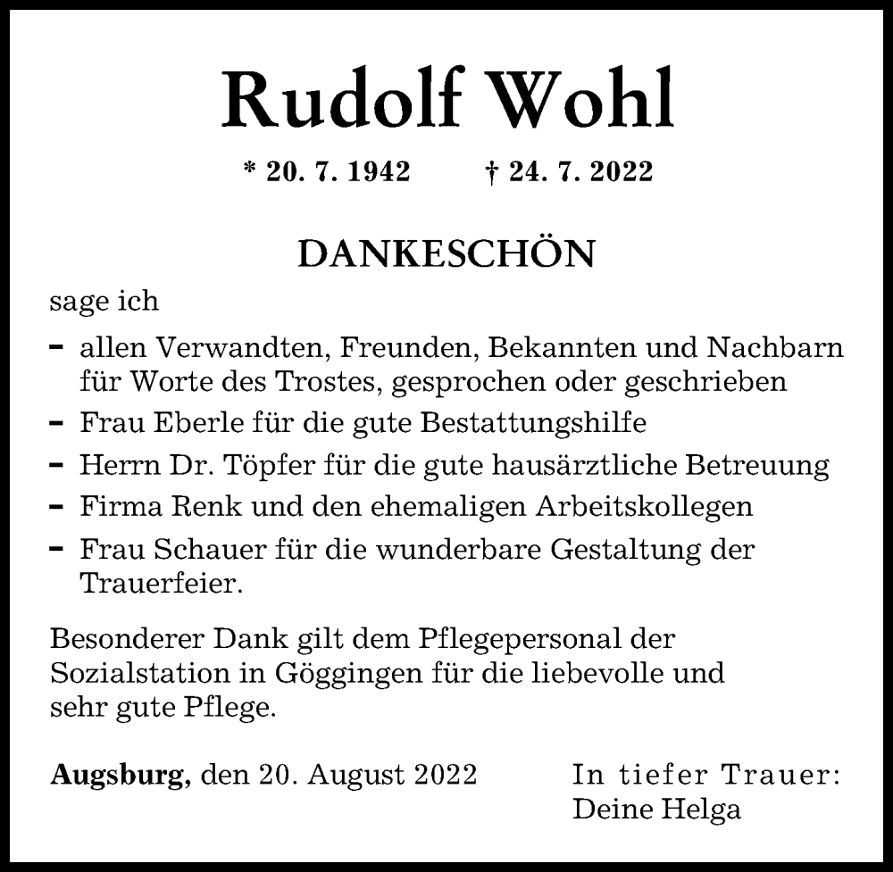 Traueranzeige von Rudolf Wohl von Augsburger Allgemeine