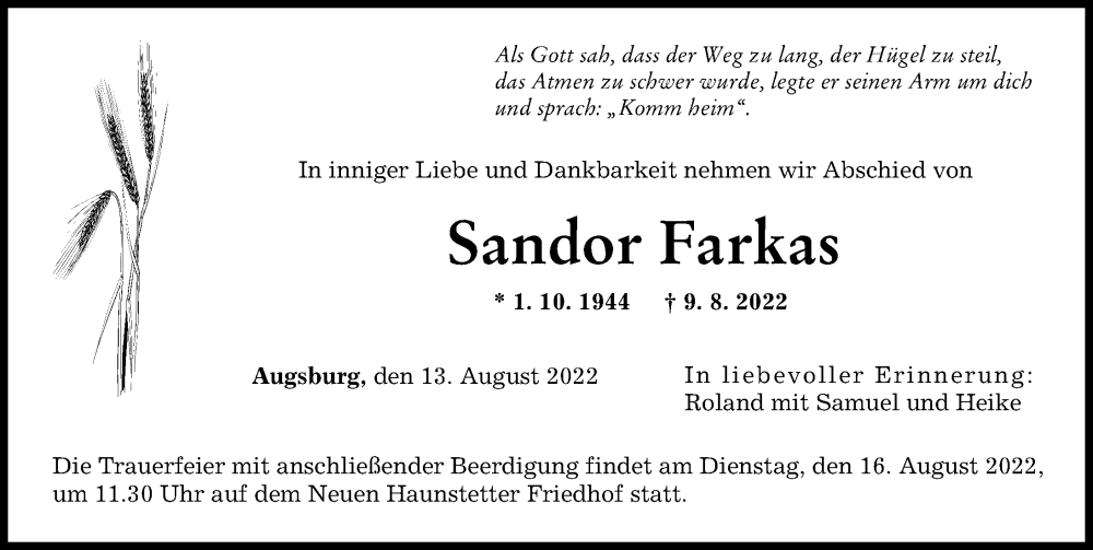  Traueranzeige für Sandor Farkas vom 13.08.2022 aus Augsburger Allgemeine
