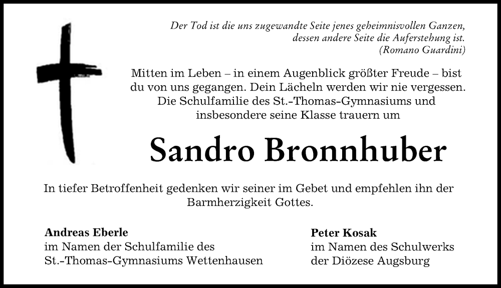  Traueranzeige für Sandro Bronnhuber vom 31.08.2022 aus Günzburger Zeitung