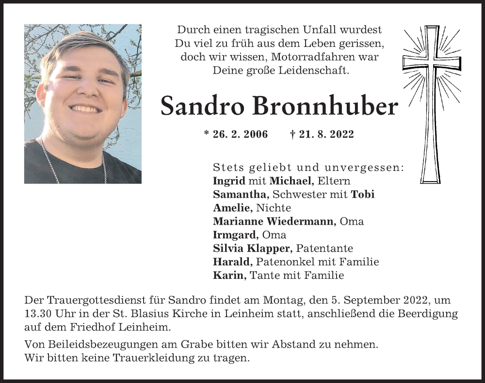  Traueranzeige für Sandro Bronnhuber vom 31.08.2022 aus Günzburger Zeitung