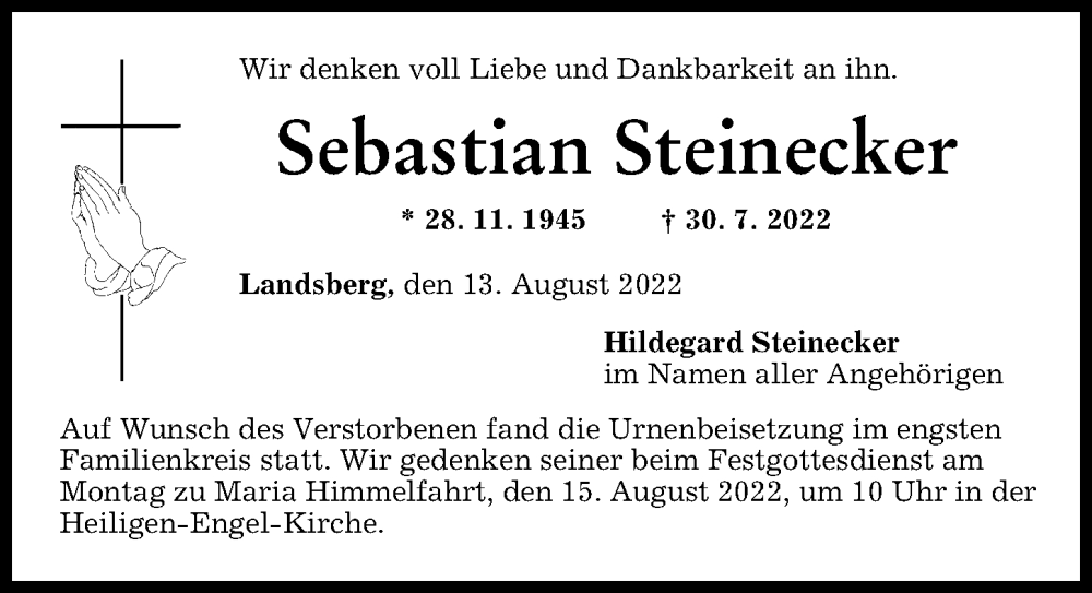  Traueranzeige für Sebastian Steinecker vom 13.08.2022 aus Landsberger Tagblatt