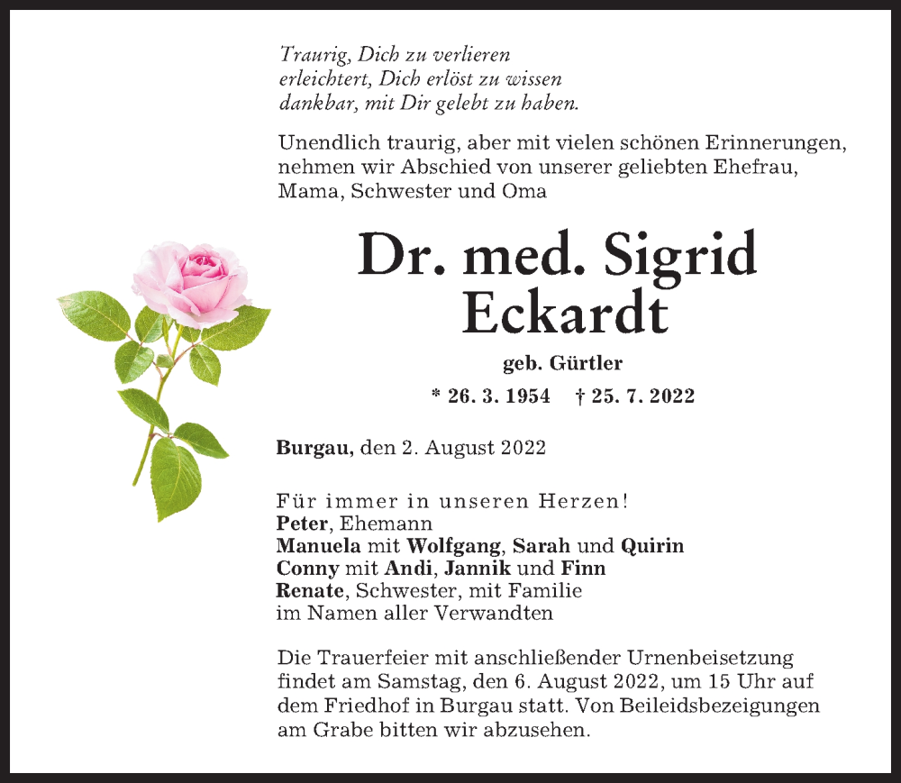  Traueranzeige für Sigrid Eckardt vom 02.08.2022 aus Günzburger Zeitung