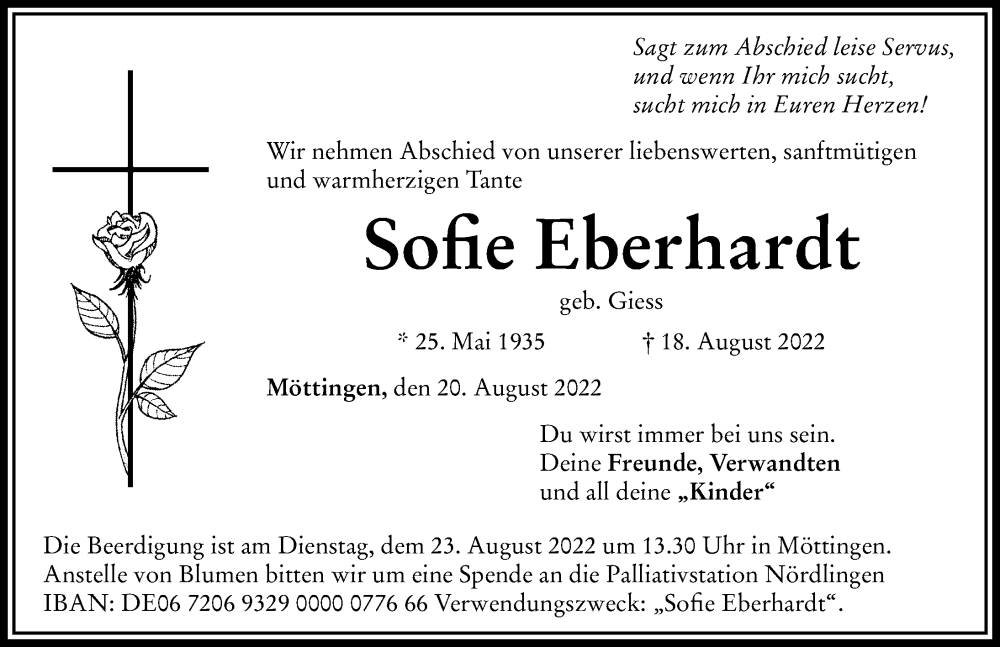 Traueranzeige von Sofie Eberhardt von Rieser Nachrichten