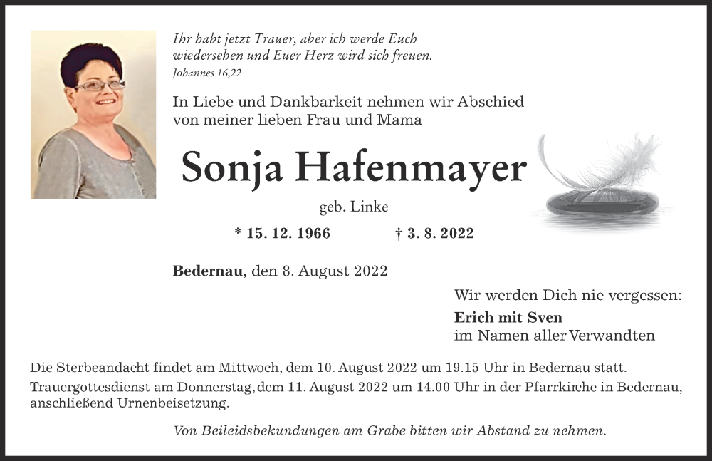  Traueranzeige für Sonja Hafenmayer vom 08.08.2022 aus Mindelheimer Zeitung