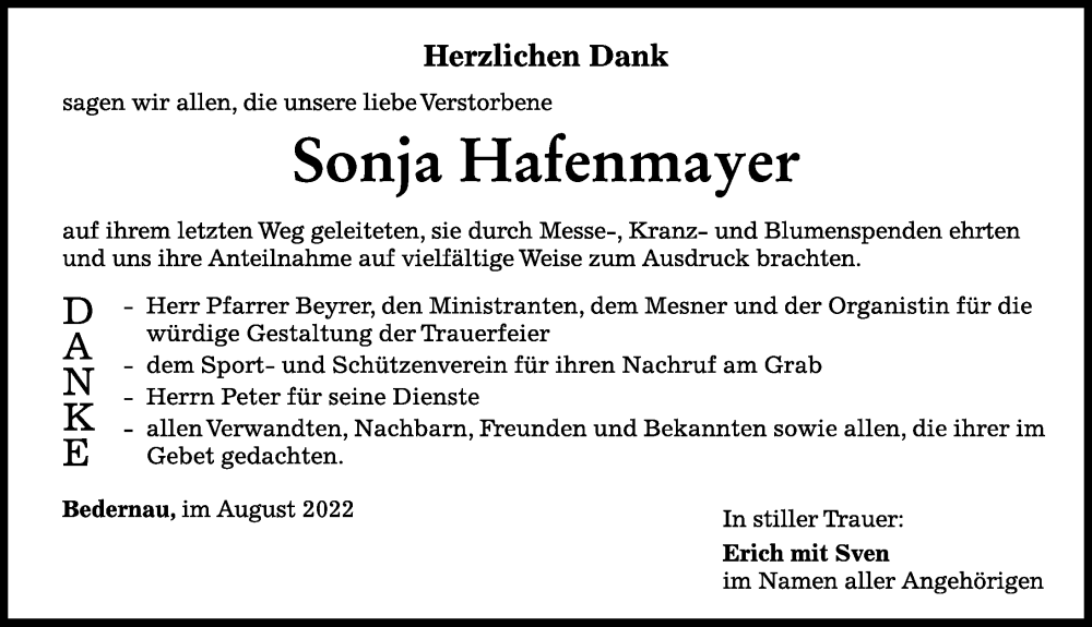  Traueranzeige für Sonja Hafenmayer vom 30.08.2022 aus Mindelheimer Zeitung