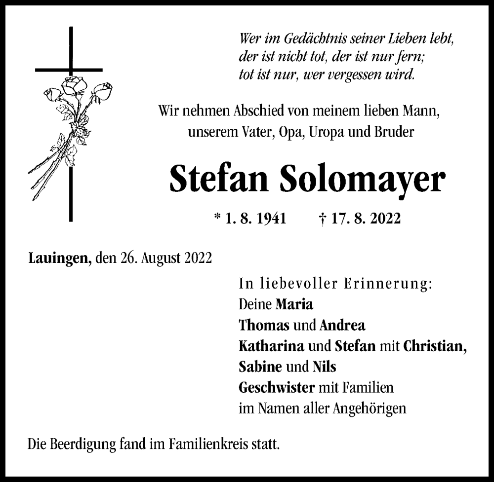 Traueranzeige von Stefan Solomayer von Donau Zeitung