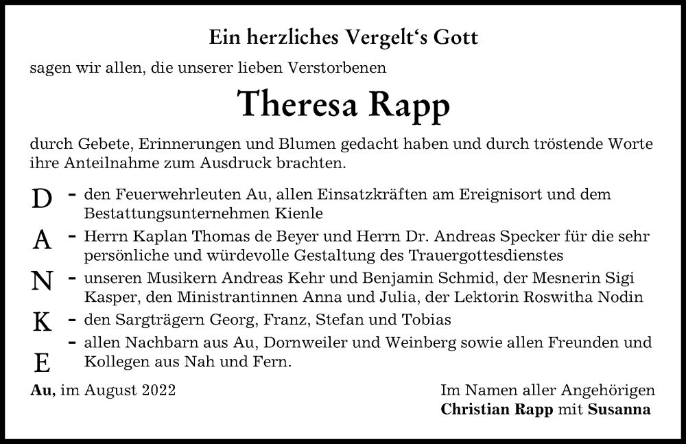  Traueranzeige für Theresa Rapp vom 27.08.2022 aus Illertisser Zeitung