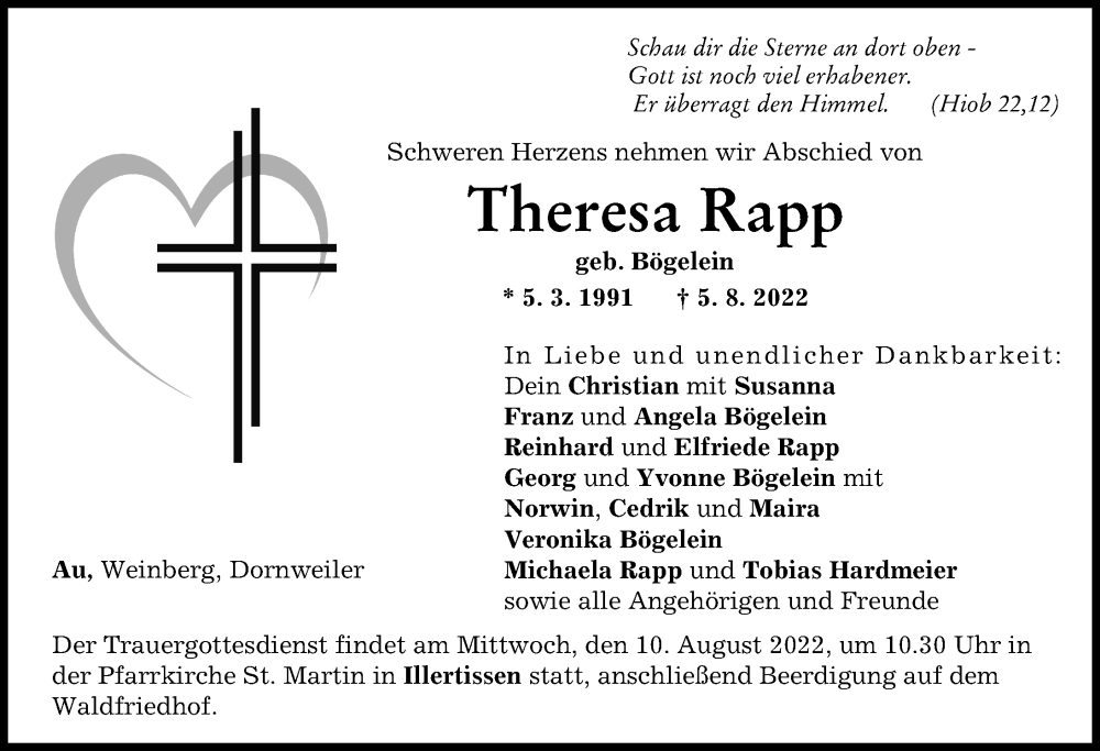  Traueranzeige für Theresa Rapp vom 09.08.2022 aus Illertisser Zeitung