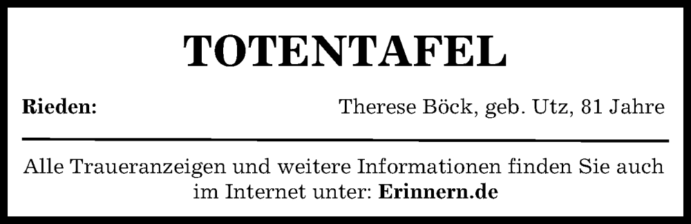 Traueranzeige von Therese Böck von Aichacher Nachrichten