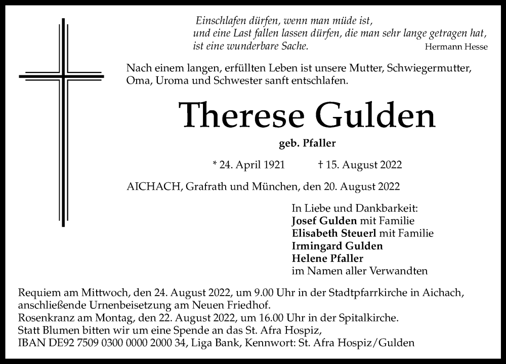 Traueranzeigen Von Therese Gulden Augsburger Allgemeine Zeitung