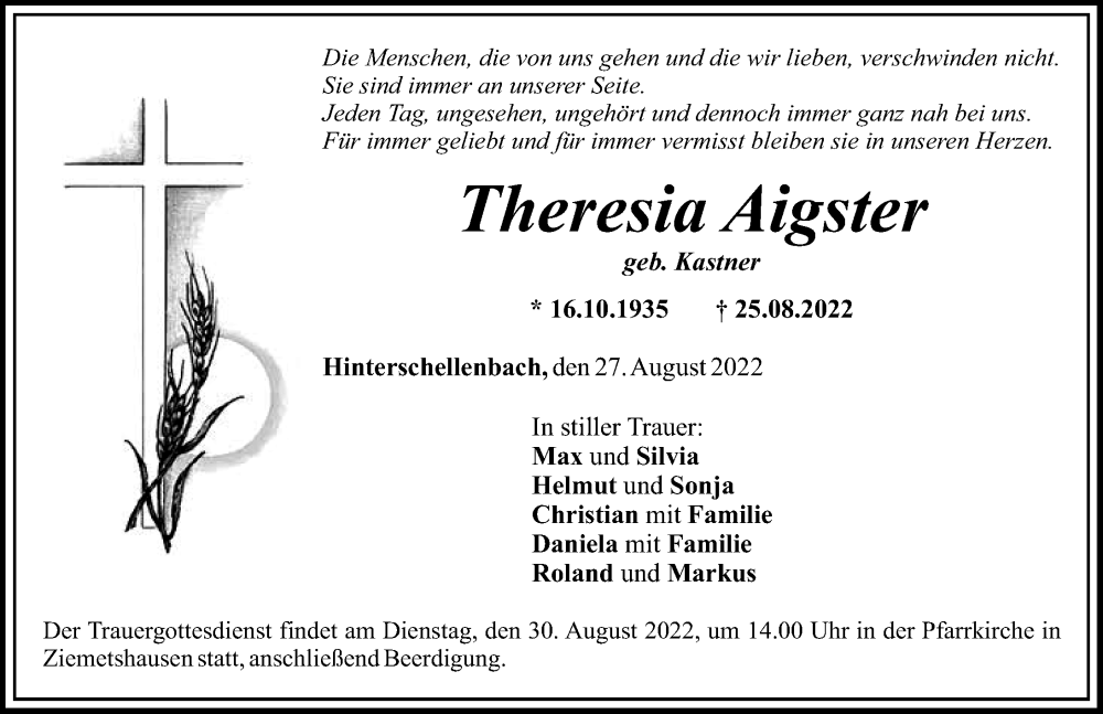 Traueranzeige von Theresia Aigster von Mittelschwäbische Nachrichten