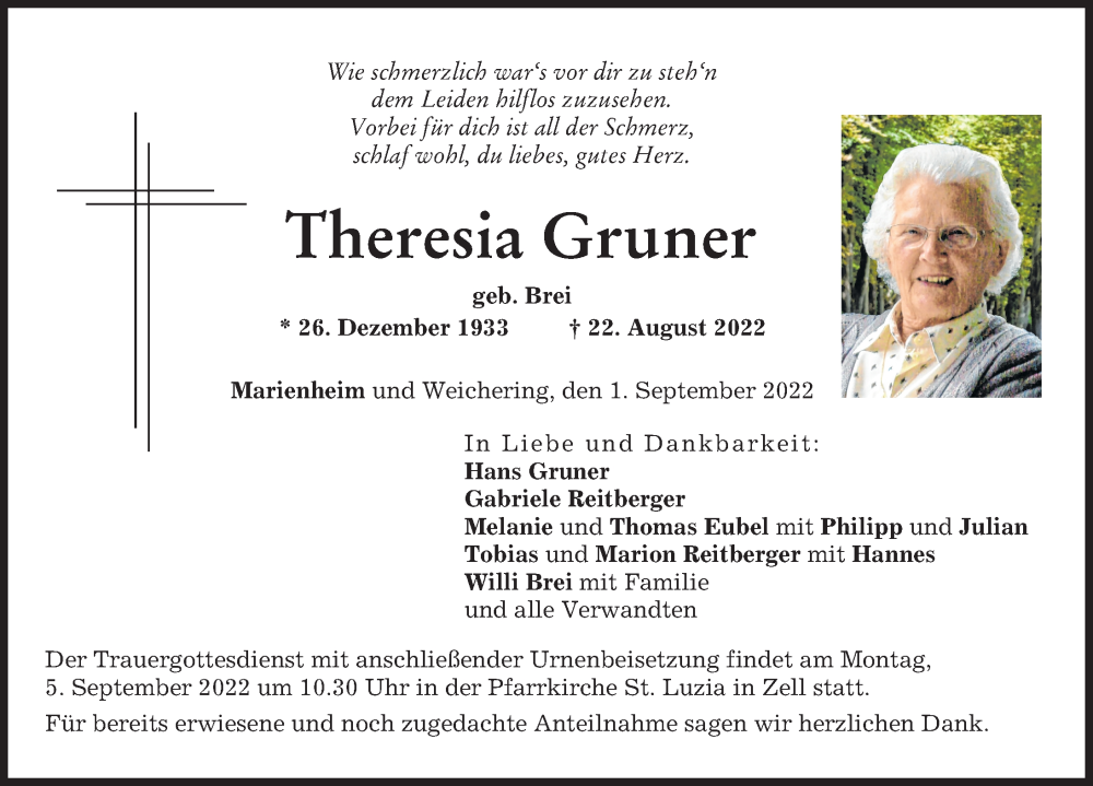 Traueranzeige von Theresia Gruner von Neuburger Rundschau