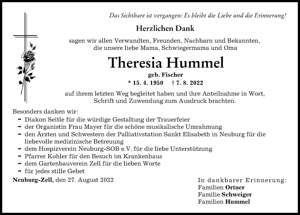  Traueranzeige für Theresia Hummel vom 27.08.2022 aus Neuburger Rundschau