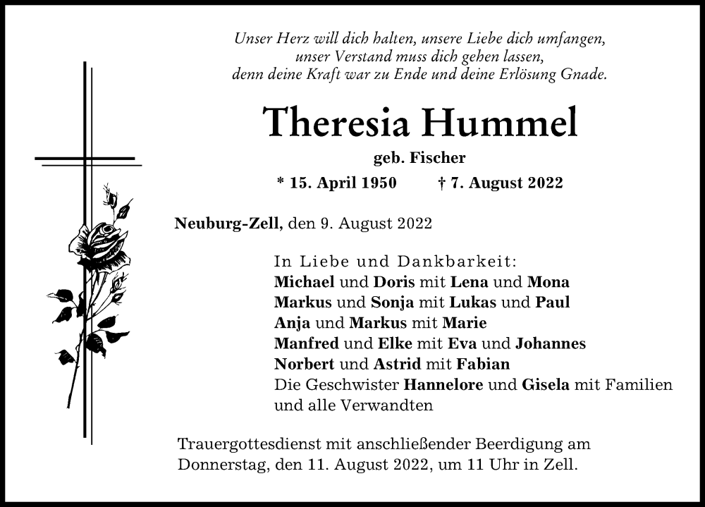 Traueranzeige von Theresia Hummel von Neuburger Rundschau, Donauwörther Zeitung