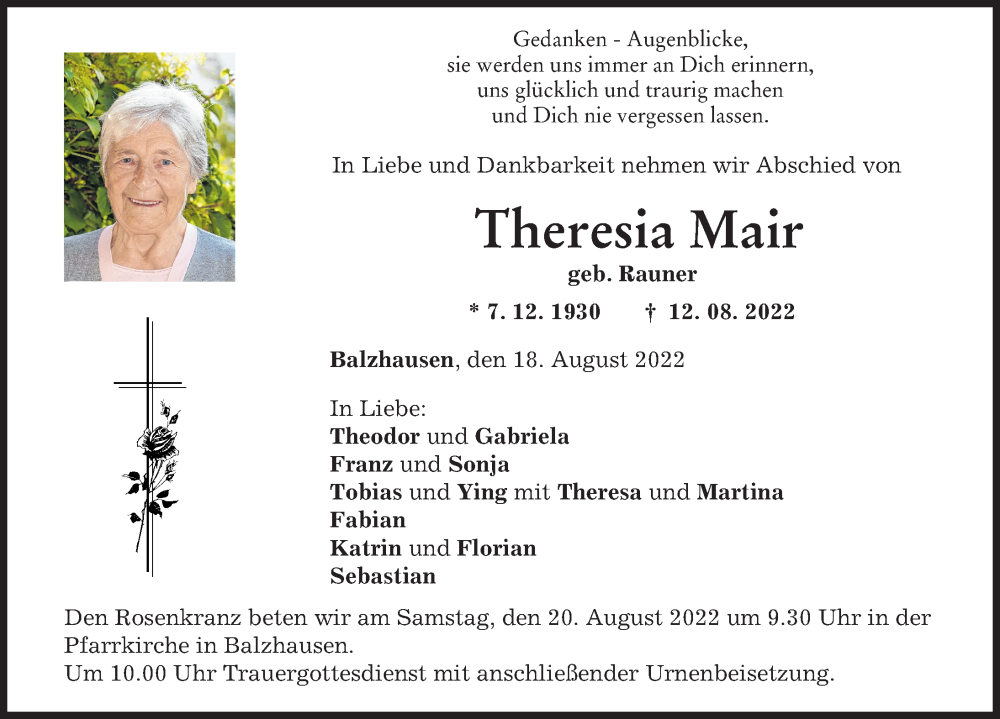 Traueranzeigen Von Theresia Mair Augsburger Allgemeine Zeitung