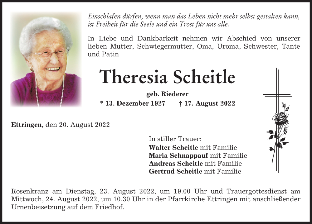 Traueranzeige von Theresia Scheitle von Mindelheimer Zeitung