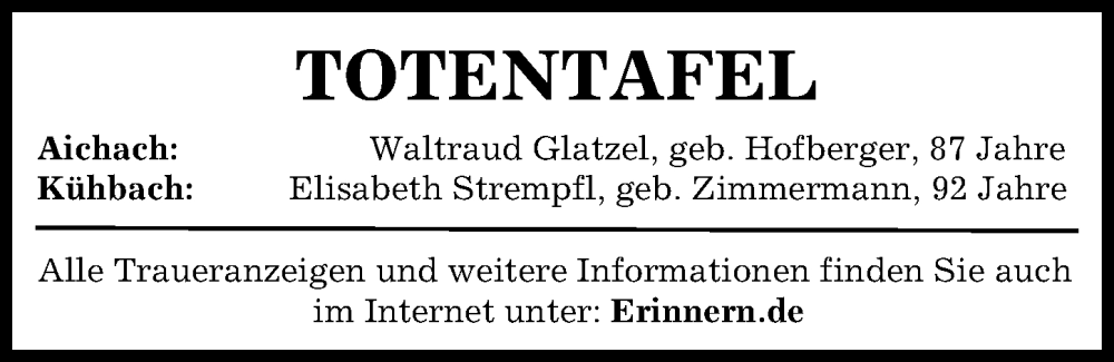  Traueranzeige für Totentafel vom 24.08.2022 vom 24.08.2022 aus Aichacher Nachrichten