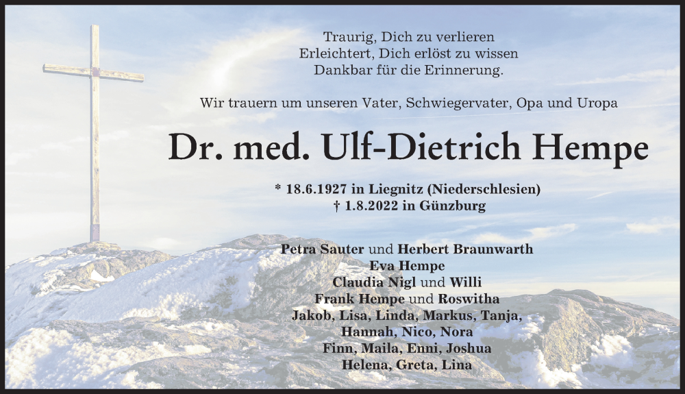  Traueranzeige für Ulf-Dietrich Hempe vom 04.08.2022 aus Günzburger Zeitung