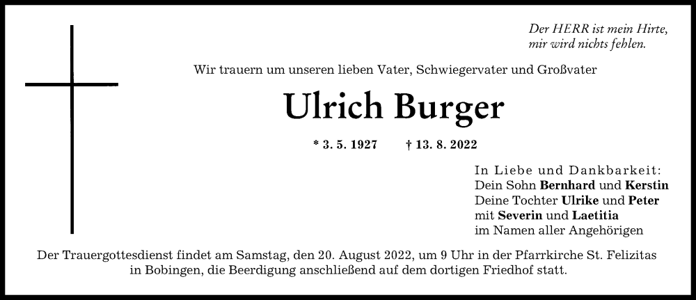  Traueranzeige für Ulrich Burger vom 17.08.2022 aus Schwabmünchner Allgemeine