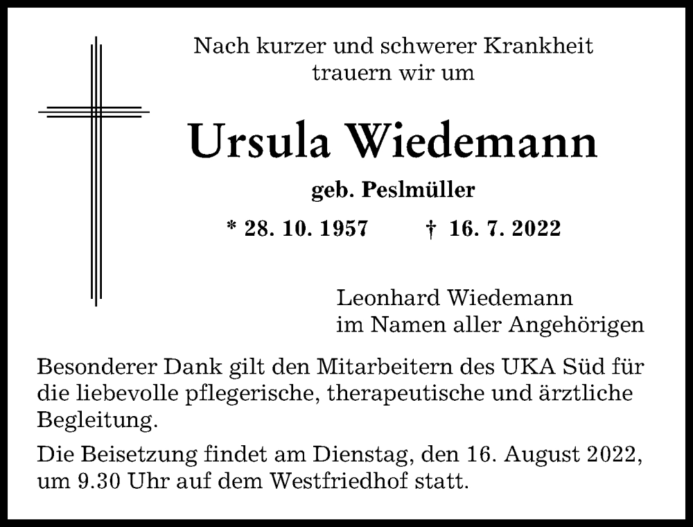  Traueranzeige für Ursula Wiedemann vom 06.08.2022 aus Augsburger Allgemeine