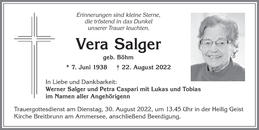 Traueranzeige von Vera Salger von Landsberger Tagblatt