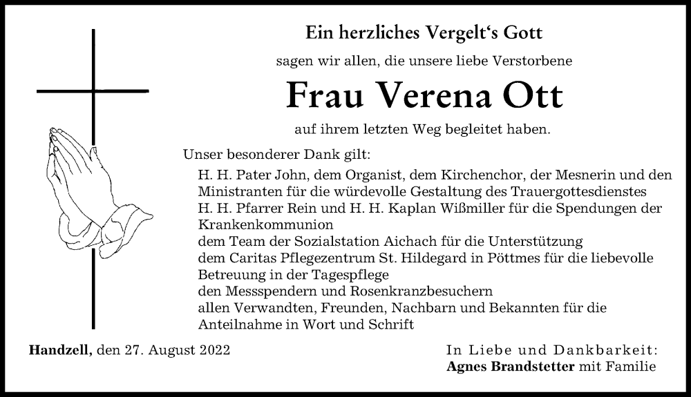  Traueranzeige für Verena Ott vom 27.08.2022 aus Aichacher Nachrichten
