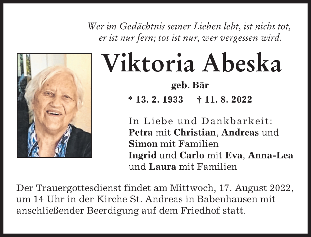  Traueranzeige für Viktoria Abeska vom 13.08.2022 aus Illertisser Zeitung