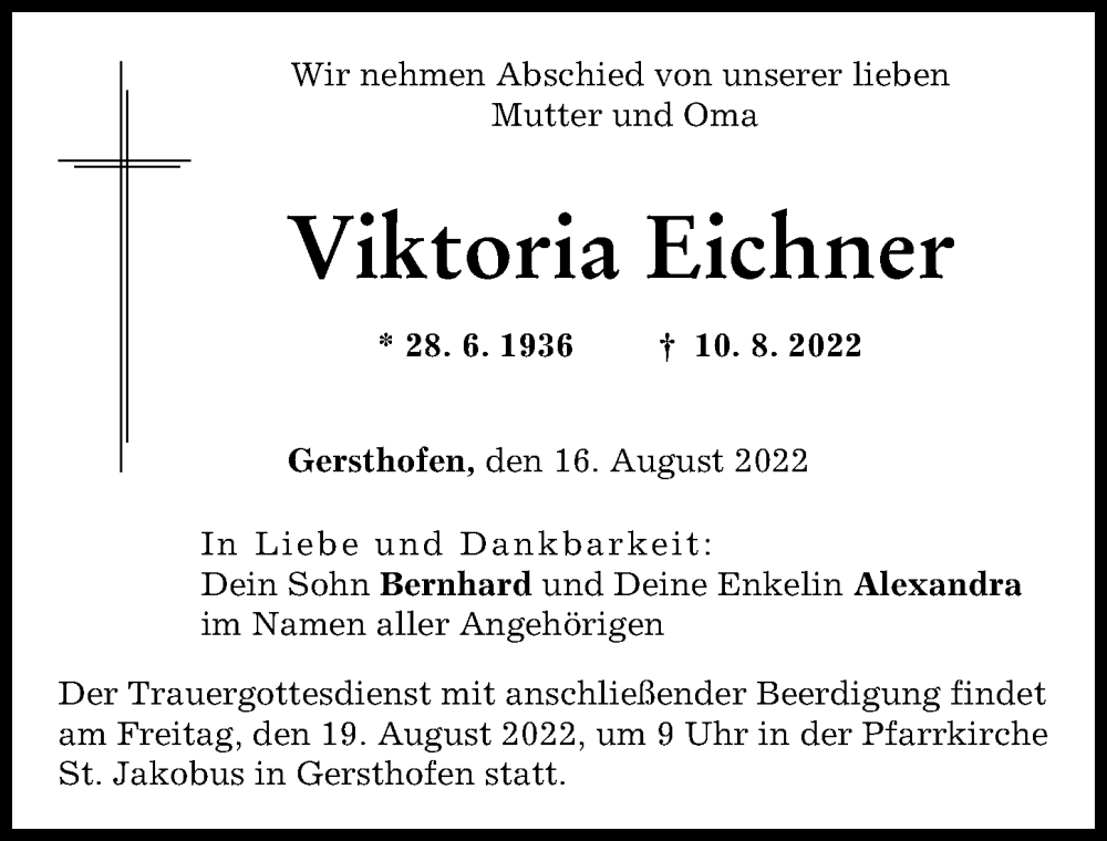  Traueranzeige für Viktoria Eichner vom 16.08.2022 aus Augsburg-Land