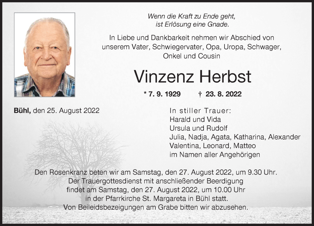  Traueranzeige für Vinzenz Herbst vom 25.08.2022 aus Günzburger Zeitung