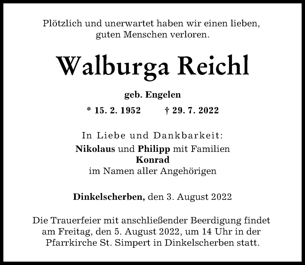 Traueranzeige von Walburga Reichl von Augsburg-Land