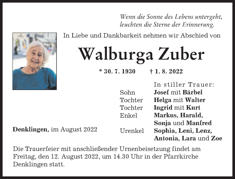 Traueranzeige von Walburga Zuber von Landsberger Tagblatt