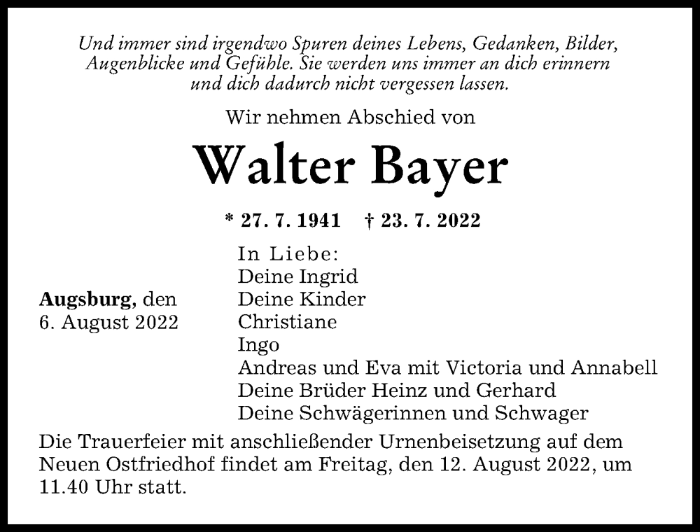 Traueranzeige von Walter Bayer von Augsburger Allgemeine