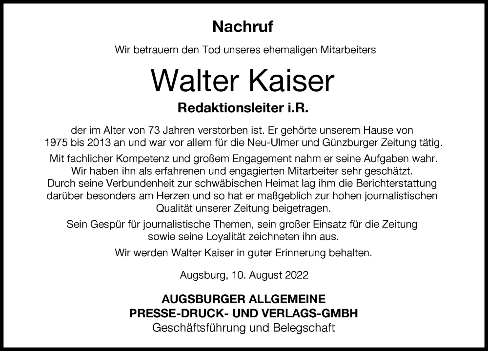  Traueranzeige für Walter Kaiser vom 10.08.2022 aus Neu-Ulmer Zeitung, Günzburger Zeitung