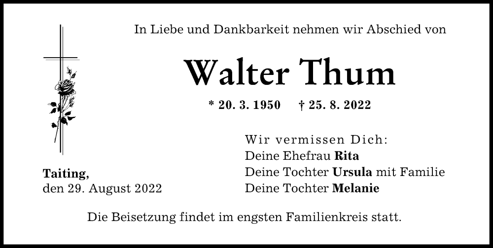 Traueranzeige von Walter Thum von Augsburger Allgemeine