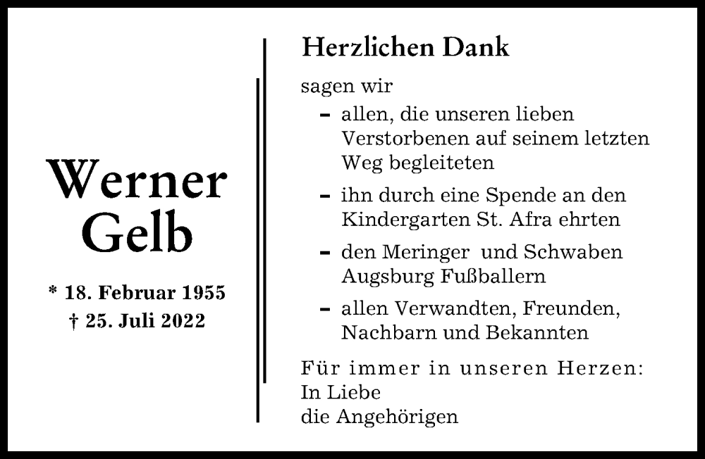  Traueranzeige für Werner Gelb vom 09.08.2022 aus Friedberger Allgemeine